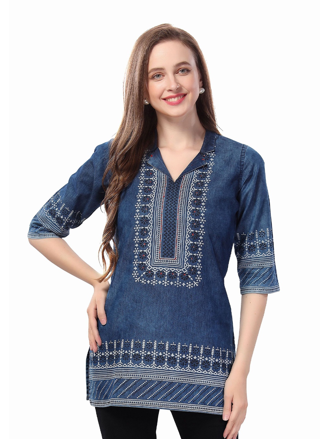 

Meher Impex Floral Print Cotton Denim Top, Blue