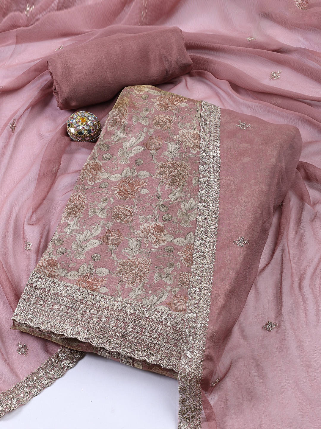 

Meena Bazaar Printed Unstitched Dress Material, Pink