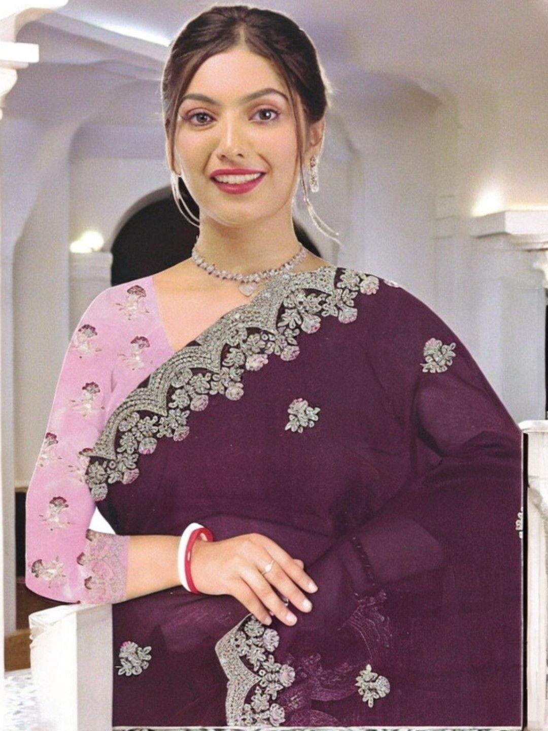 

SHOPPKEE Embellished Sequinned Silk Blend Chanderi Saree, Purple
