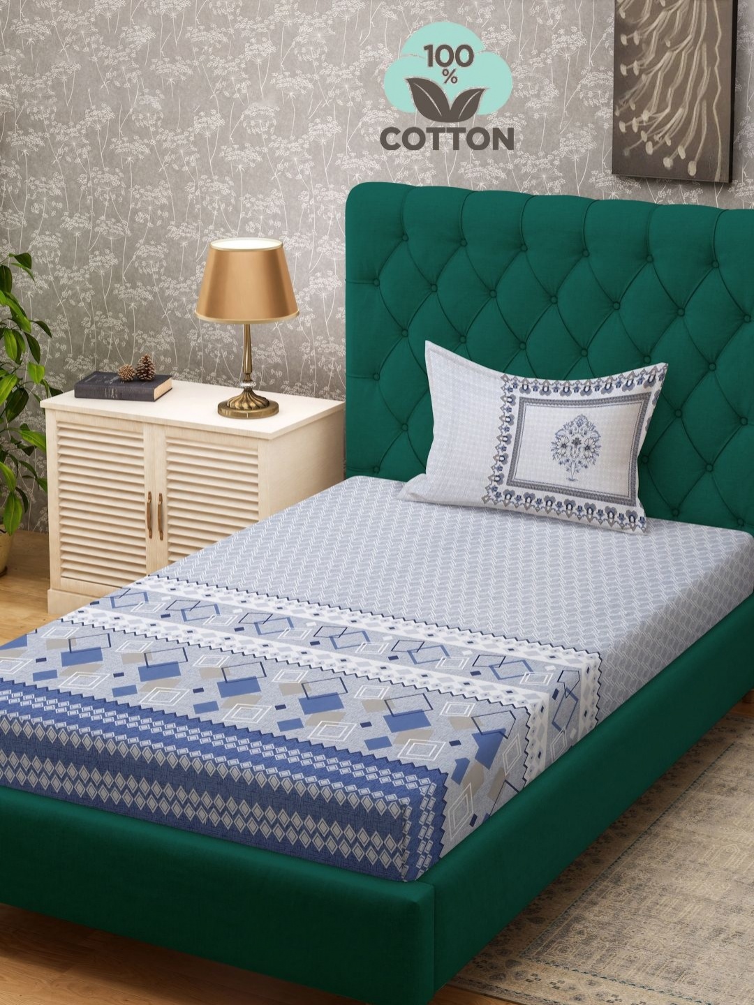 

Myntra Elegant Homes Blue & White Geometric 400 TC Single Bedsheet with 1 Pillow Covers
