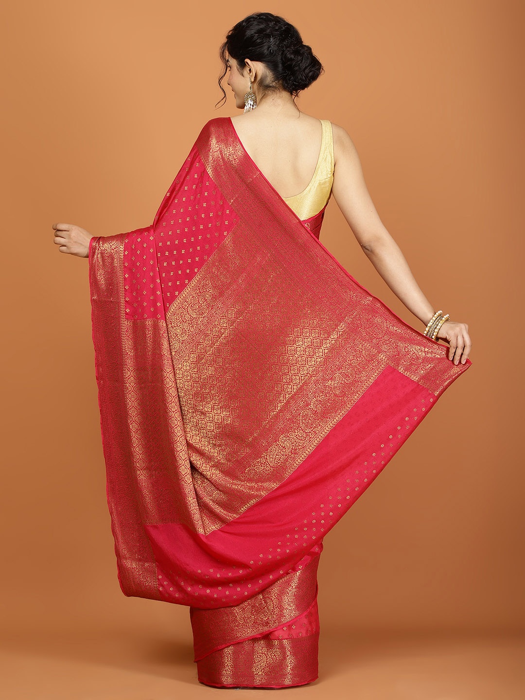 

Meena Bazaar Woven Design Zari Poly Chiffon Saree, Pink