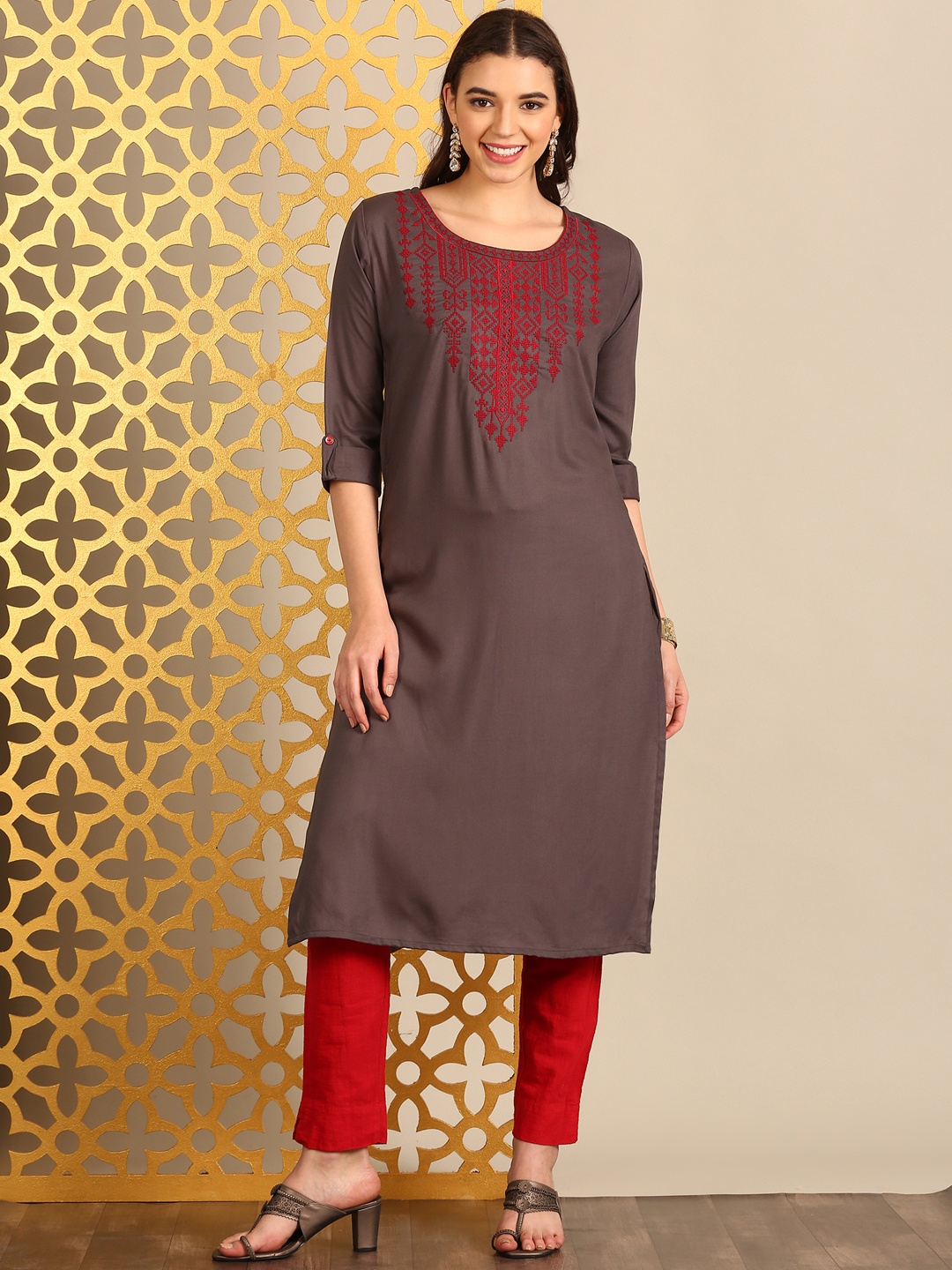 

Alena Women Floral Yoke Design Kurta, Steel