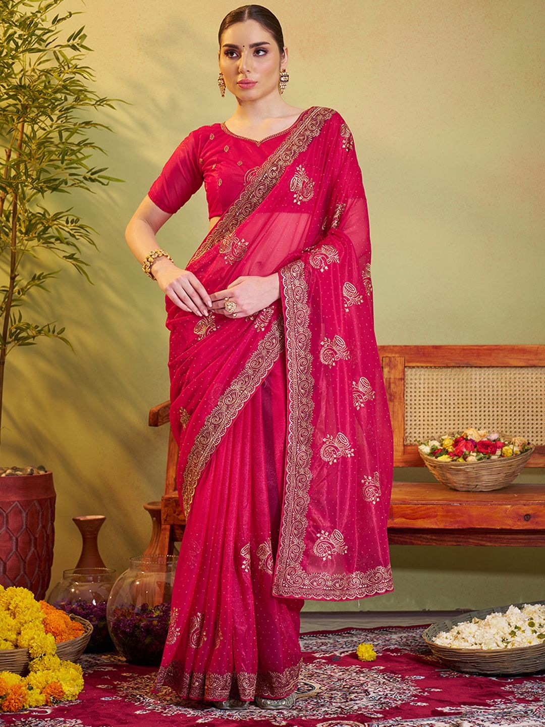 

Mitera Embellished Embroidered Organza Saree, Pink