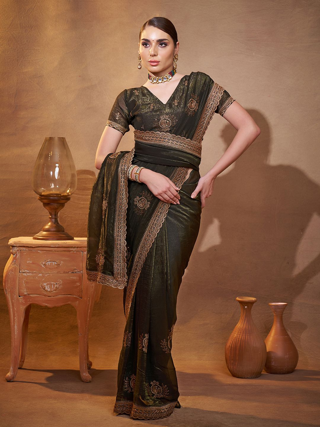 

Mitera Embellished Embroidered Satin Saree, Green