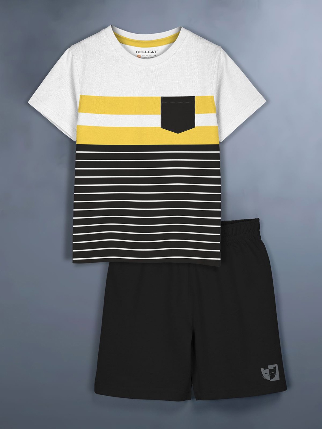 

HELLCAT Girls Striped Round Neck T-shirt With Shorts, Black