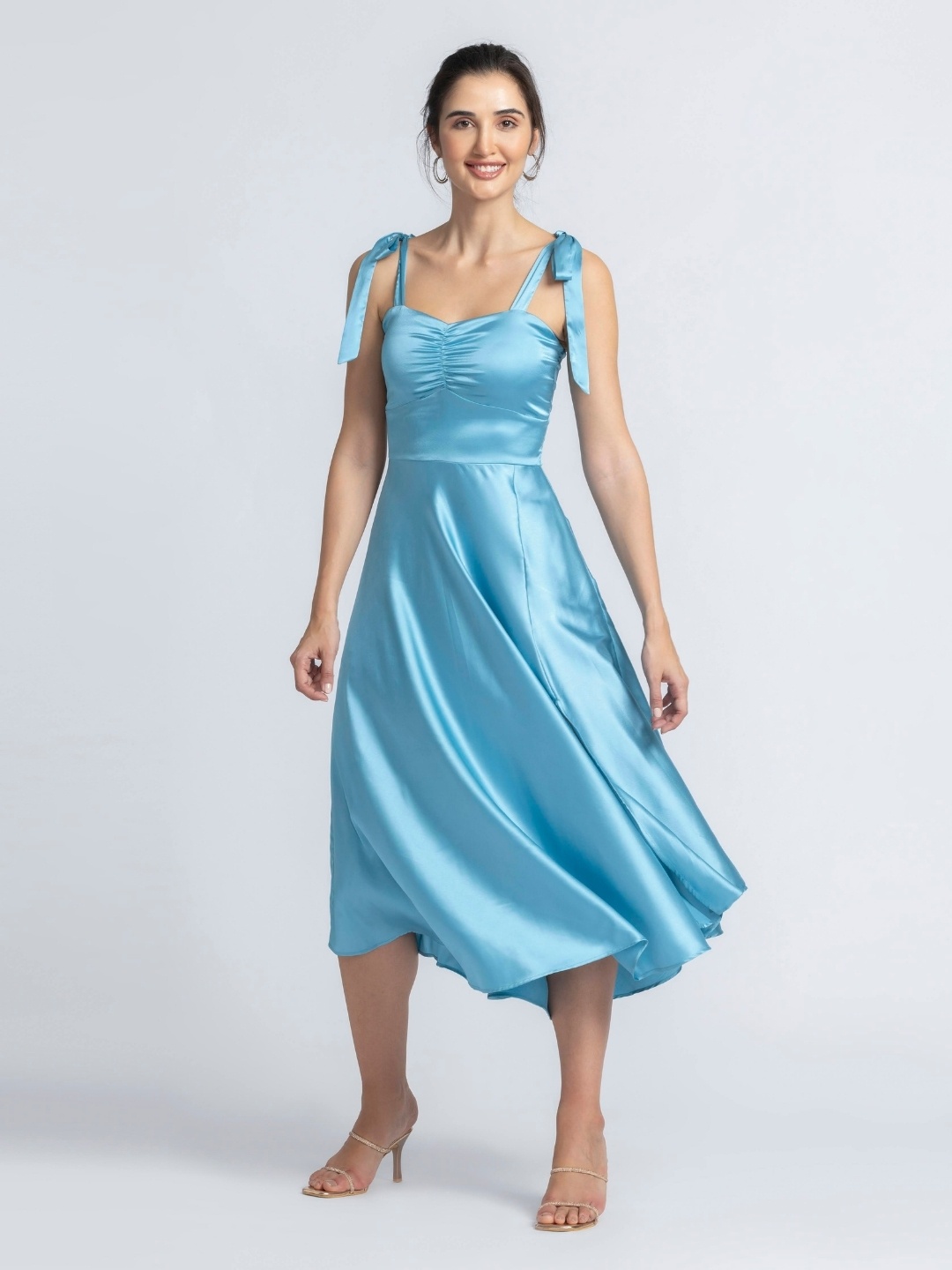 

JULO Cold-Shoulder Satin Fit & Flare Midi Dress, Blue