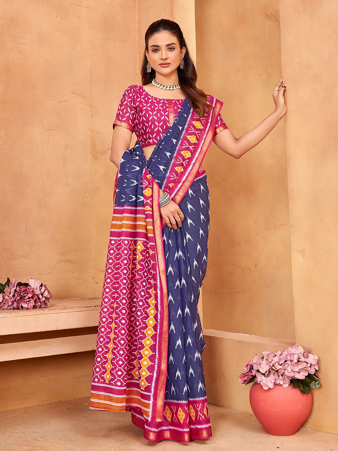 

Munir Zari Pure Cotton Ikat Saree, Pink