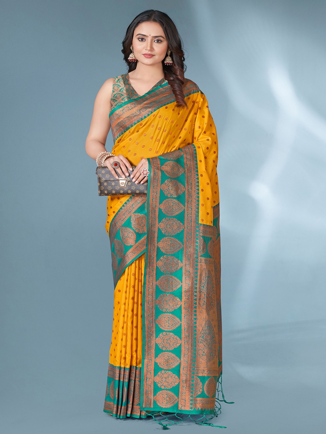 

all about you Woven Design Zari Silk Blend Paithani Saree, Yellow