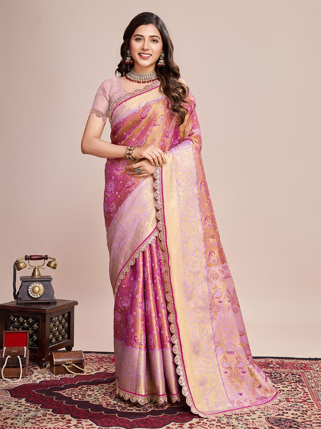 

Rangtulika Ethnics Woven Design Zari Silk Blend Kanjeevaram Saree, Pink