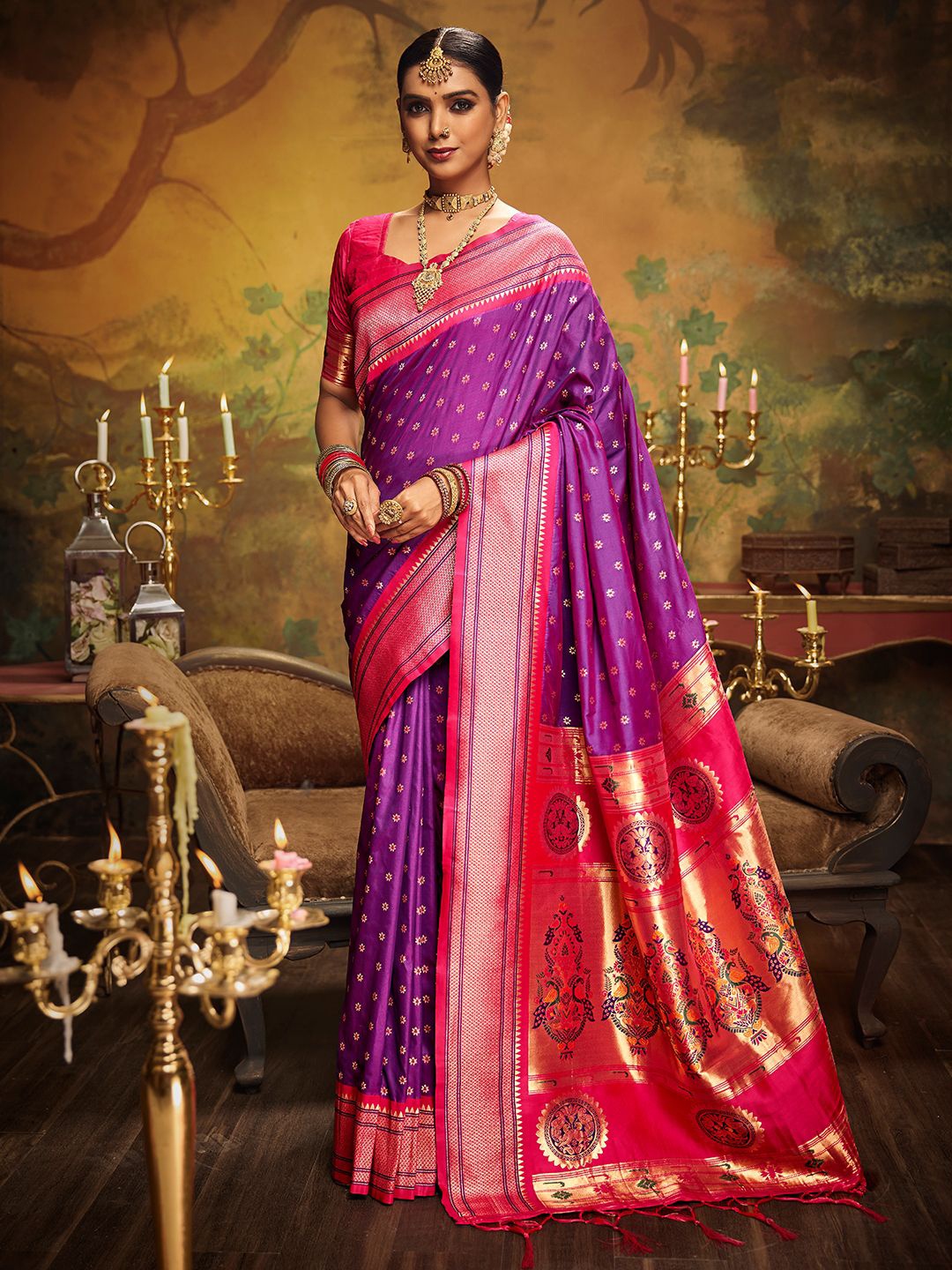 

LeeliPeeri Designer Woven Design Zari Silk Blend Paithani Saree, Purple