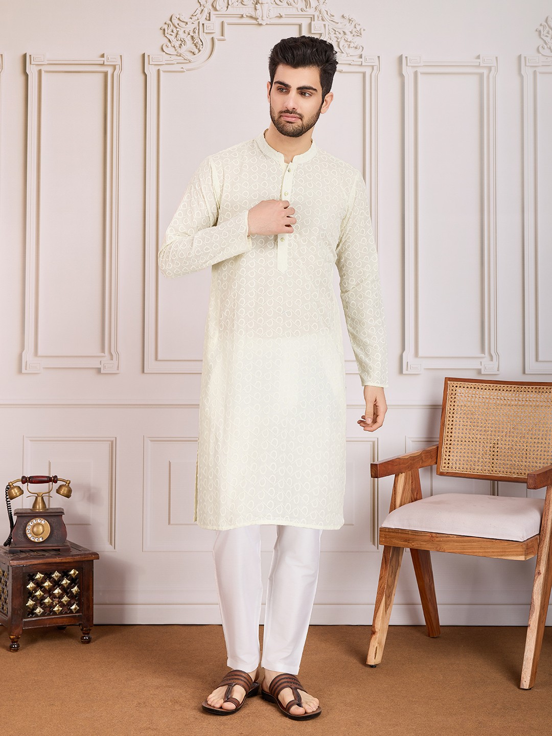 

House of Pataudi Thread Embroidered Straight Kurta Set, Yellow
