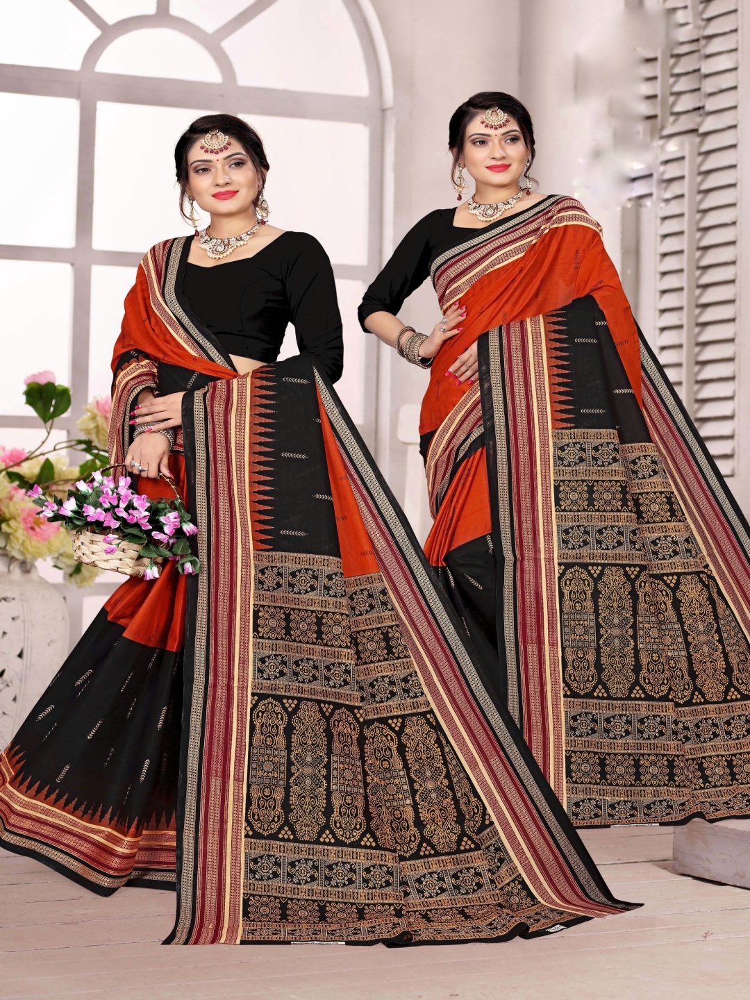 

pasapalli Ethnic Motifs Pure Cotton Sambalpuri Saree, Orange