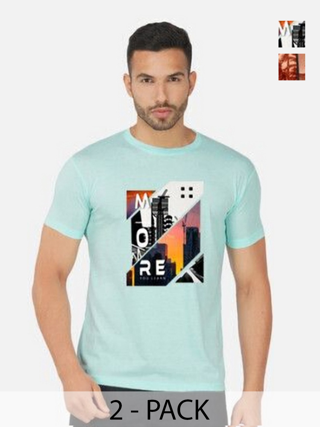 

GLOBAL NOMAD Men 2 Printed Bio Finish Applique T-shirt, Turquoise blue