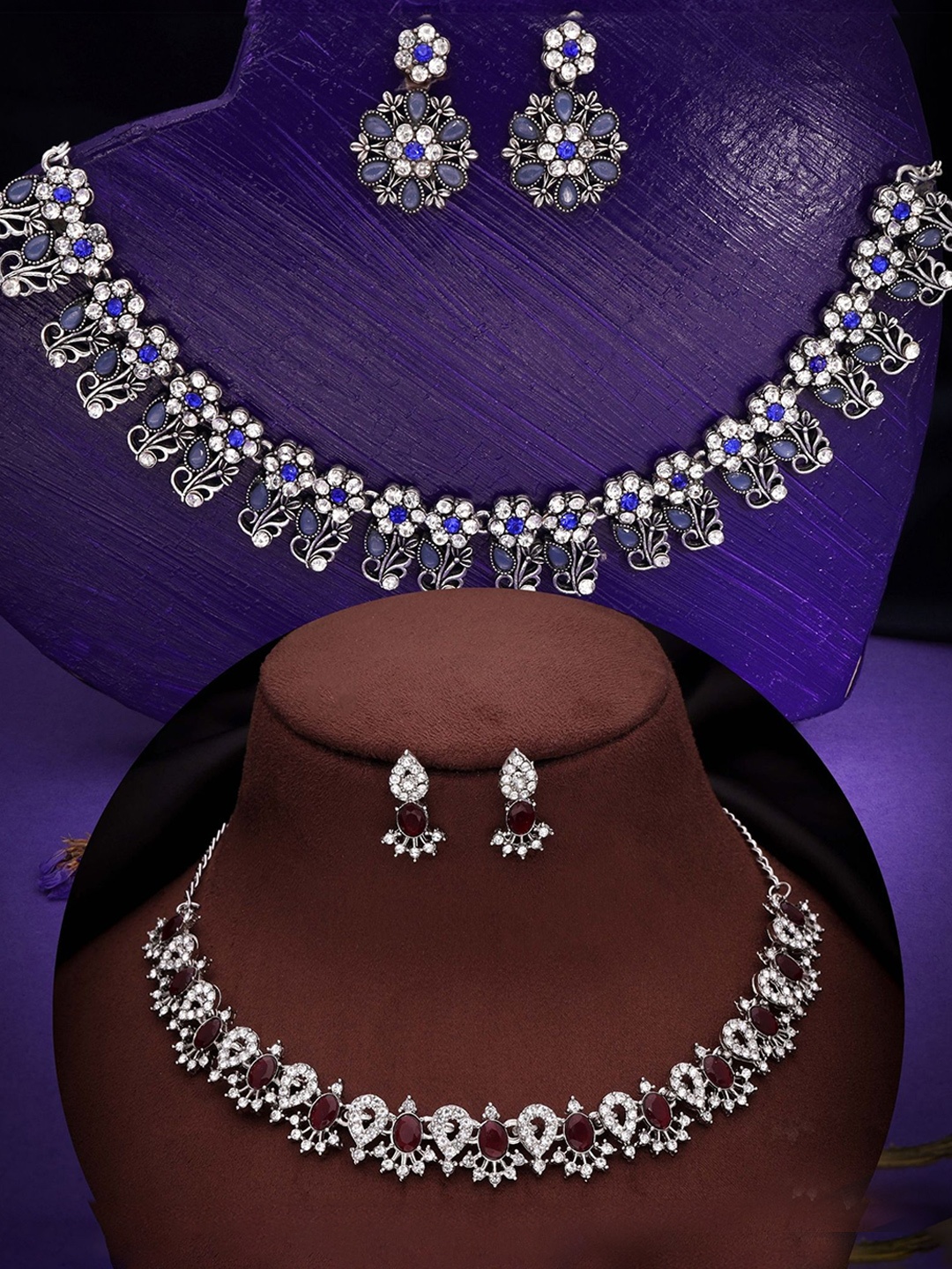 

DIVASTRI Set Of 2 Silver-Plated American Diamond-Studded Jewellery Set