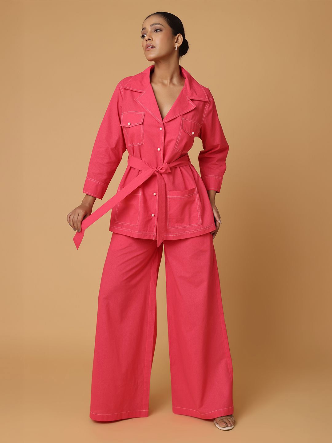 

Blanc9 Women Pink Shirt & Trousers With Contrast Thread Co-Ord Set