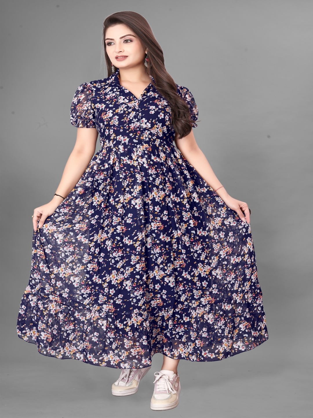 

KRISHTI CREATION Floral Print Puff Sleeve Georgette Fit & Flare Maxi Dress, Blue