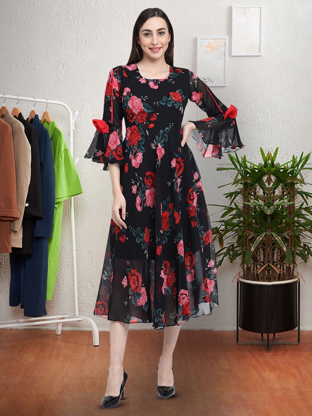 

Moda Rapido Floral Print Applique Fit & Flare Dress, Black