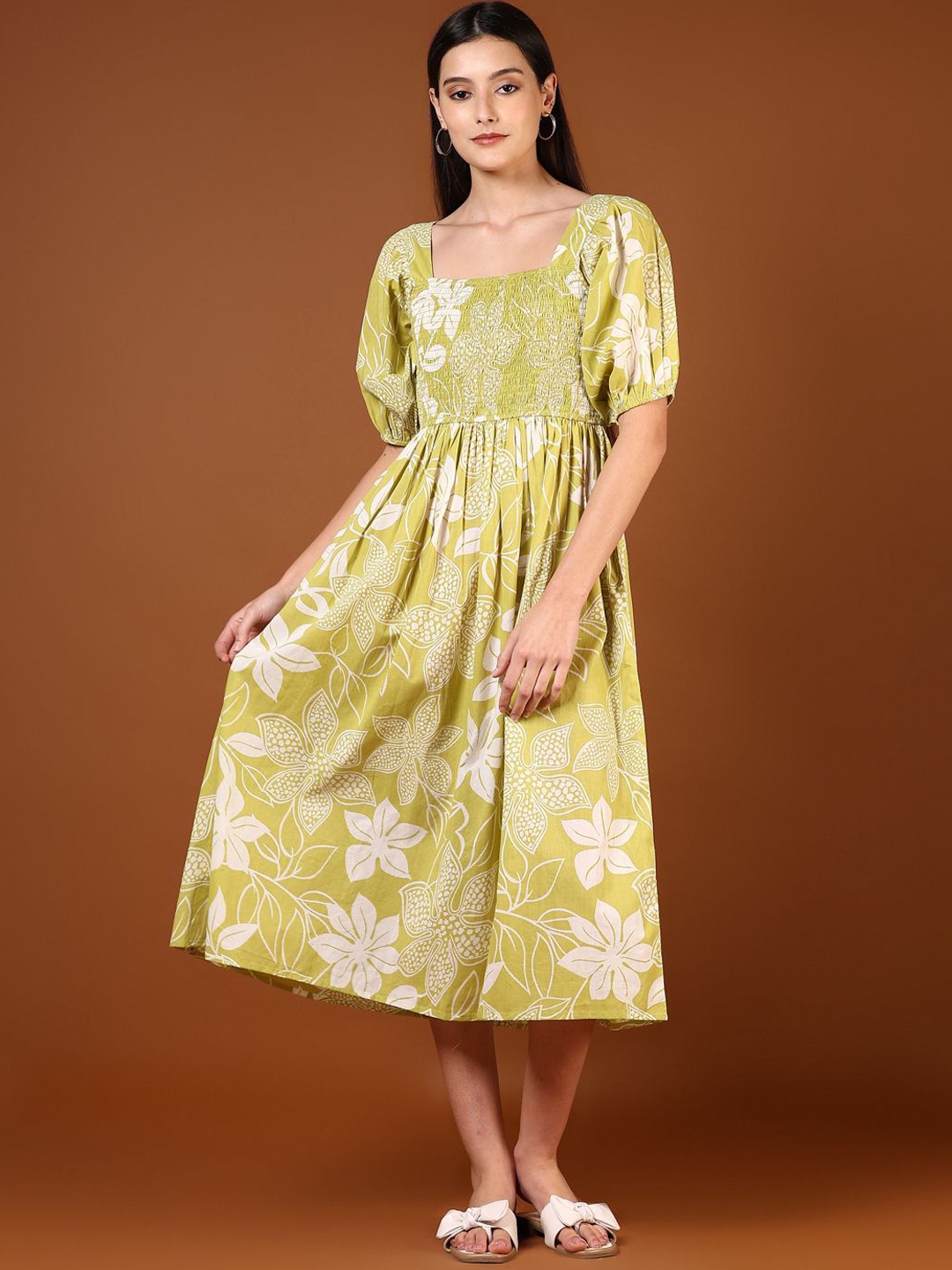 

V-Mart Ethnic Printed Cambric Square Neck Midi Dress, Green