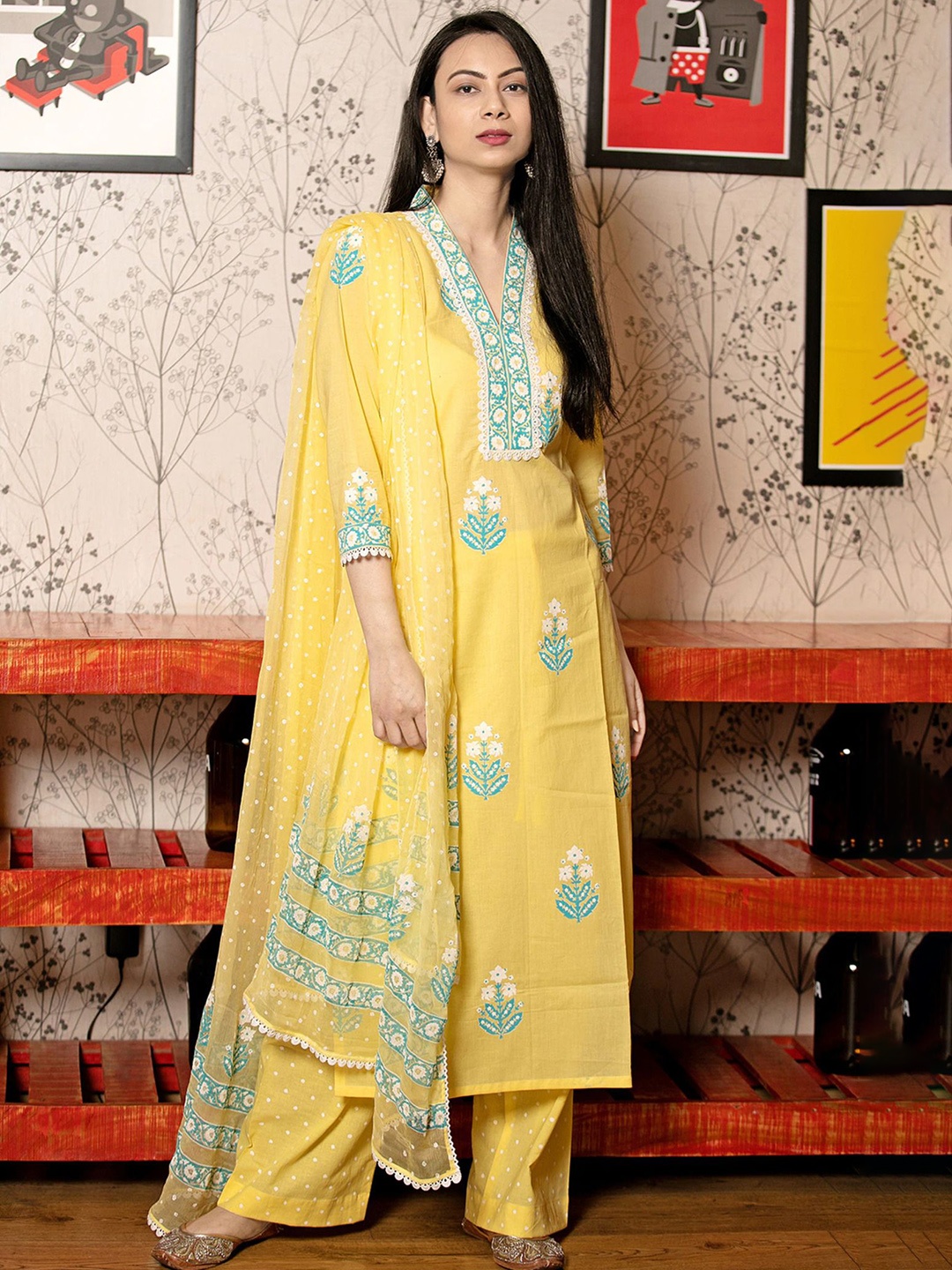 

KALINI Women Floral Printed Regular Kurta with Palazzos & With Dupatta, Mustard