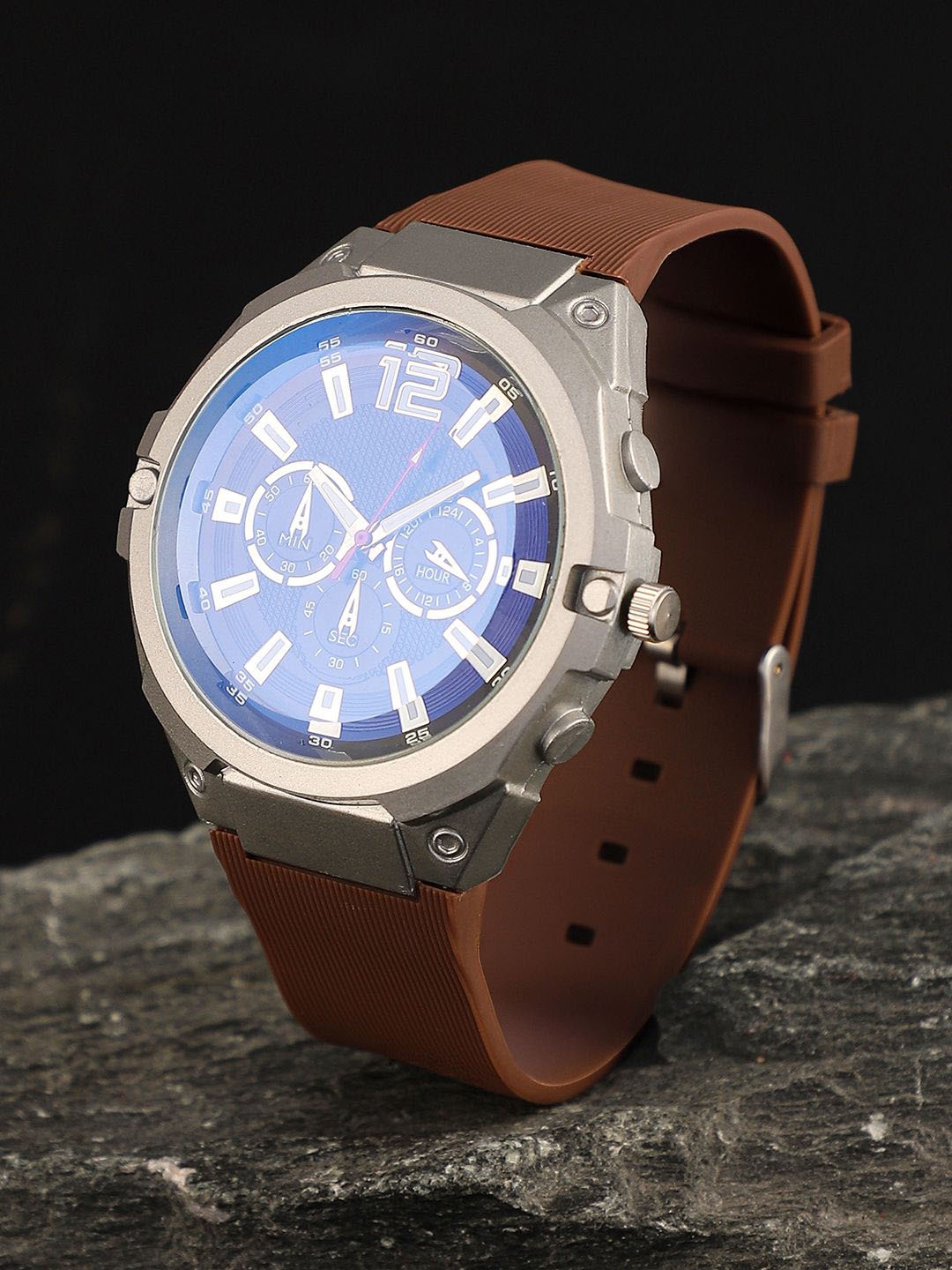 

French Accent Men Patterned Dial & Bracelet Style Straps Analogue Watch SS25_FAWC1059, Brown