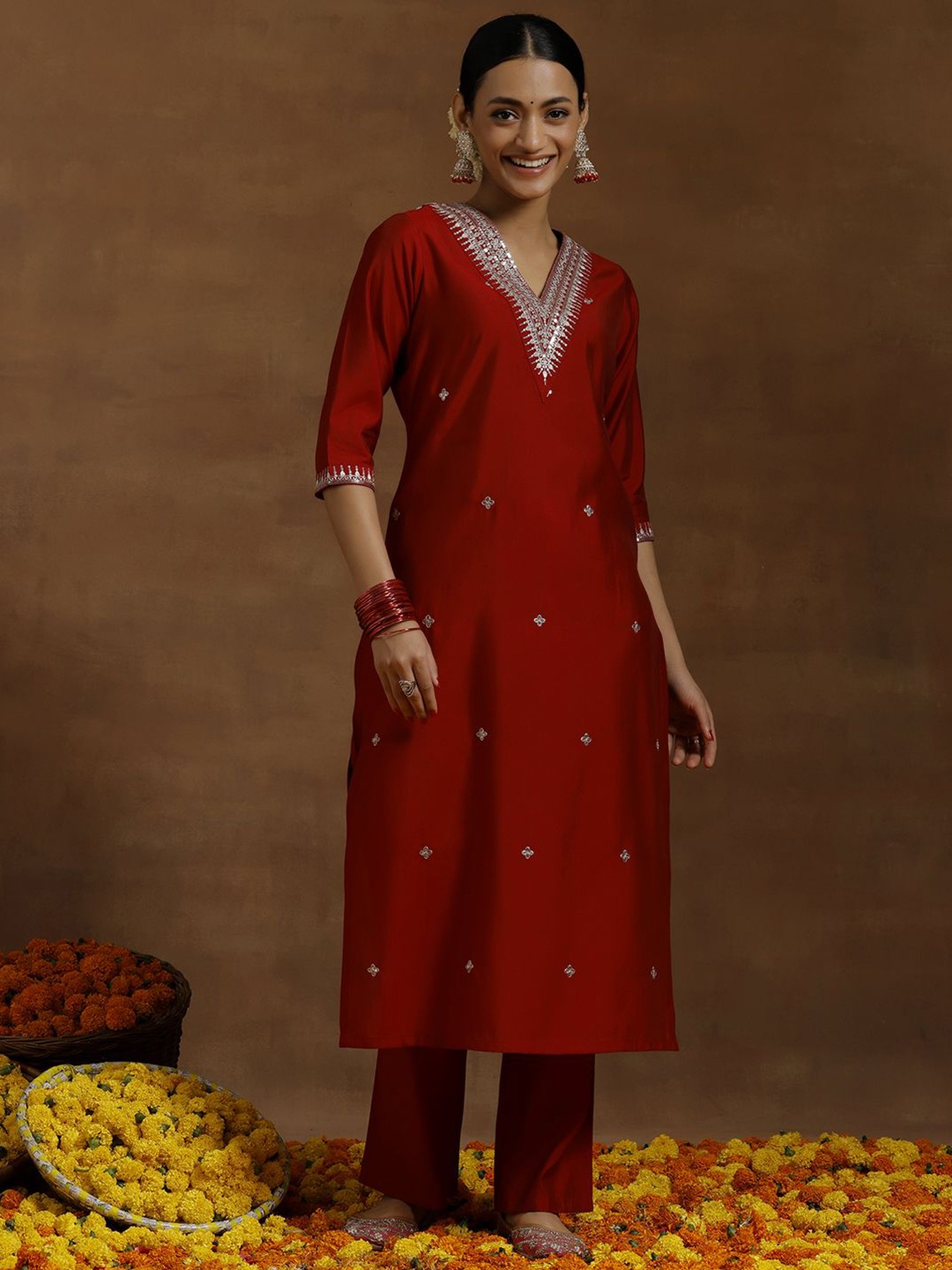 

Libas Women Ethnic Motifs Embroidered Regular Kurta with Trousers, Red