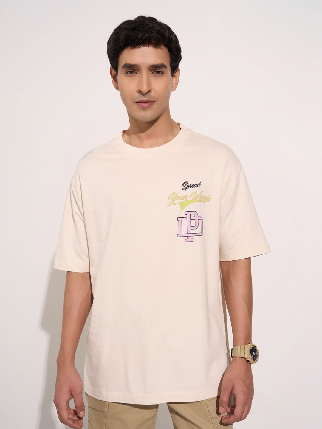 

People Men Typography Printed Applique Boxy T-shirt, Cream