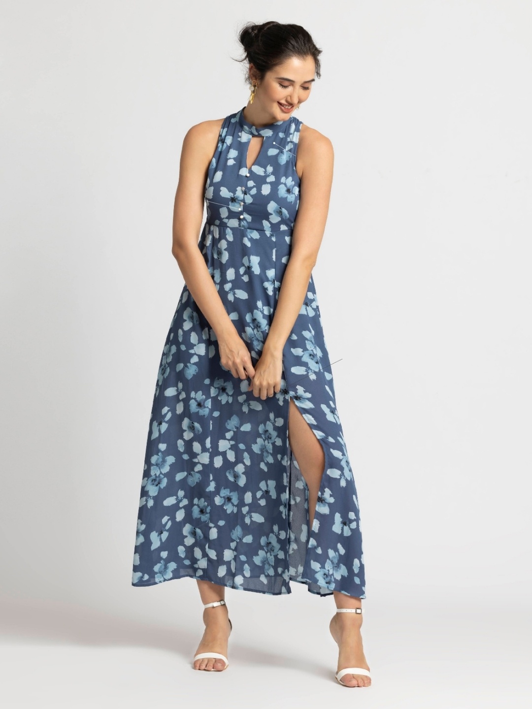 

JULO Floral Print Halter Neck Maxi Dress, Blue