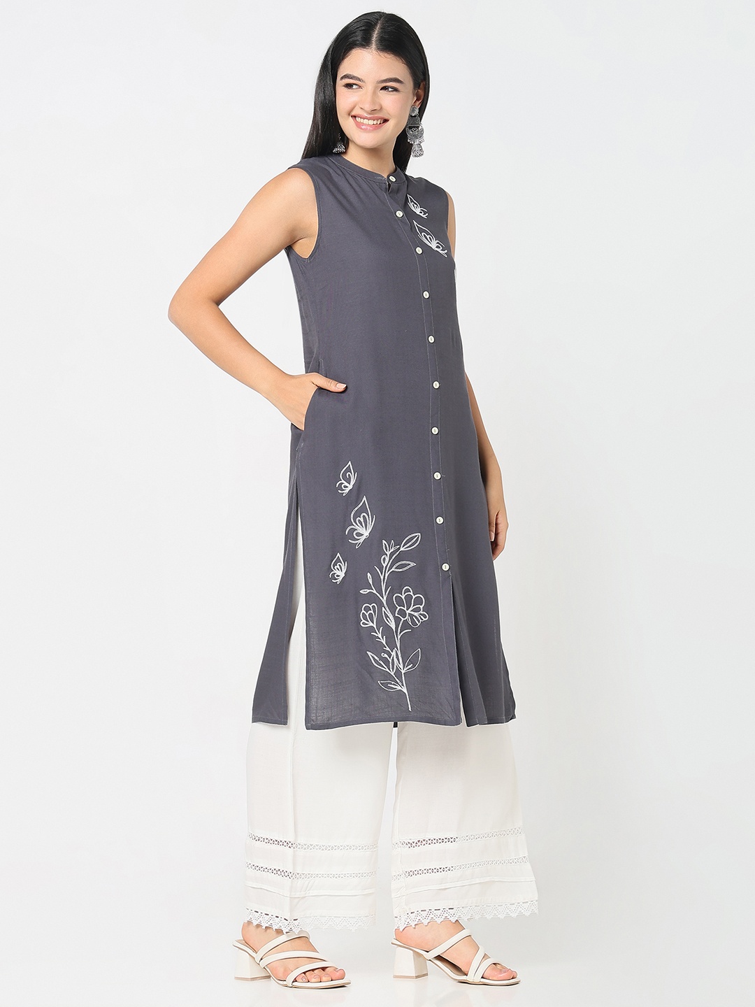 

R&B Women Ethnic Motifs Embroidered Sequinned Kurta, Grey