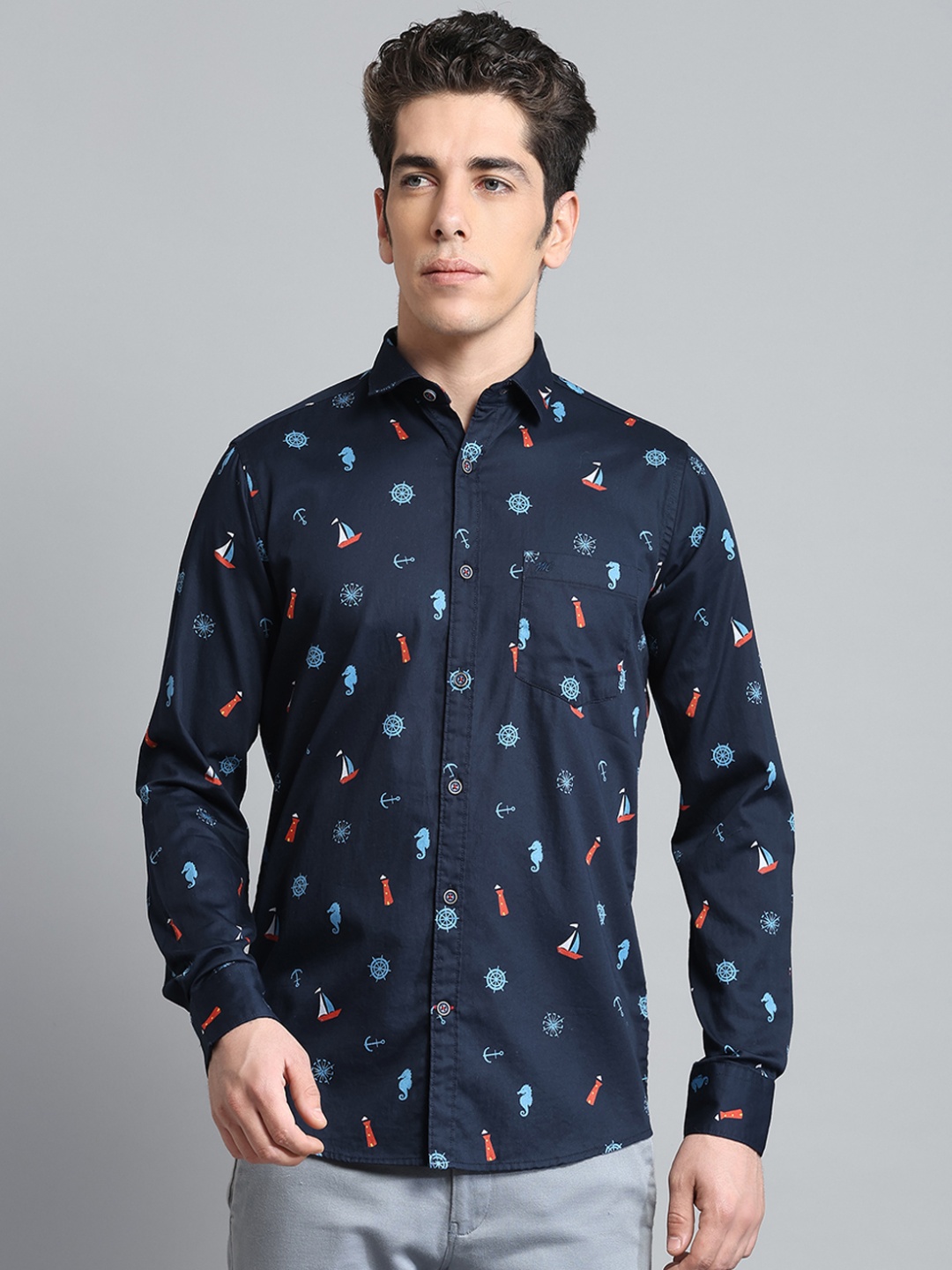 

Monte Carlo Men Opaque Printed Casual Shirt, Navy blue