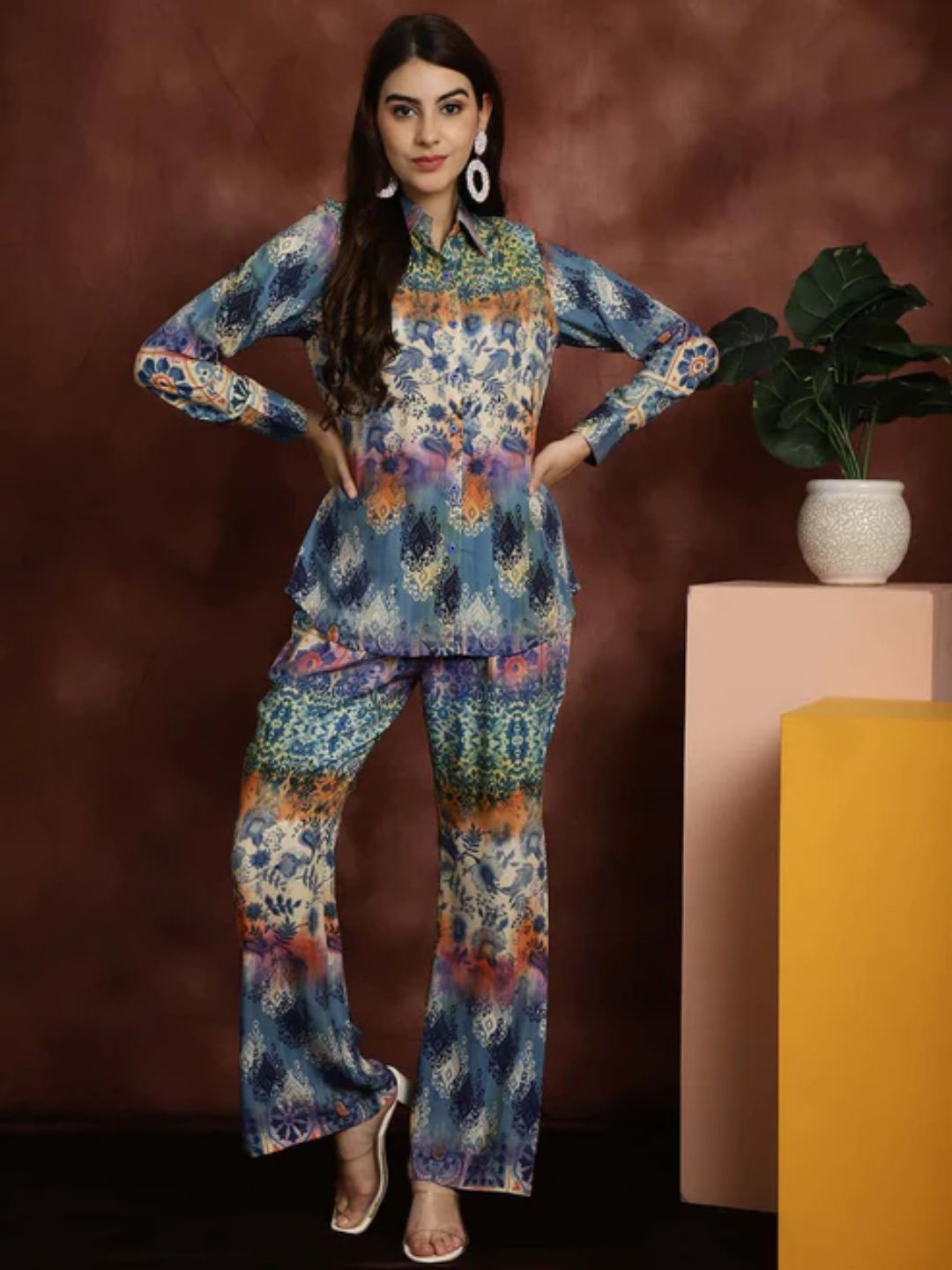 

Jade & Julie Printed Pure Cotton Shirt Collar Shirt With Trousers Co-Ords, Blue