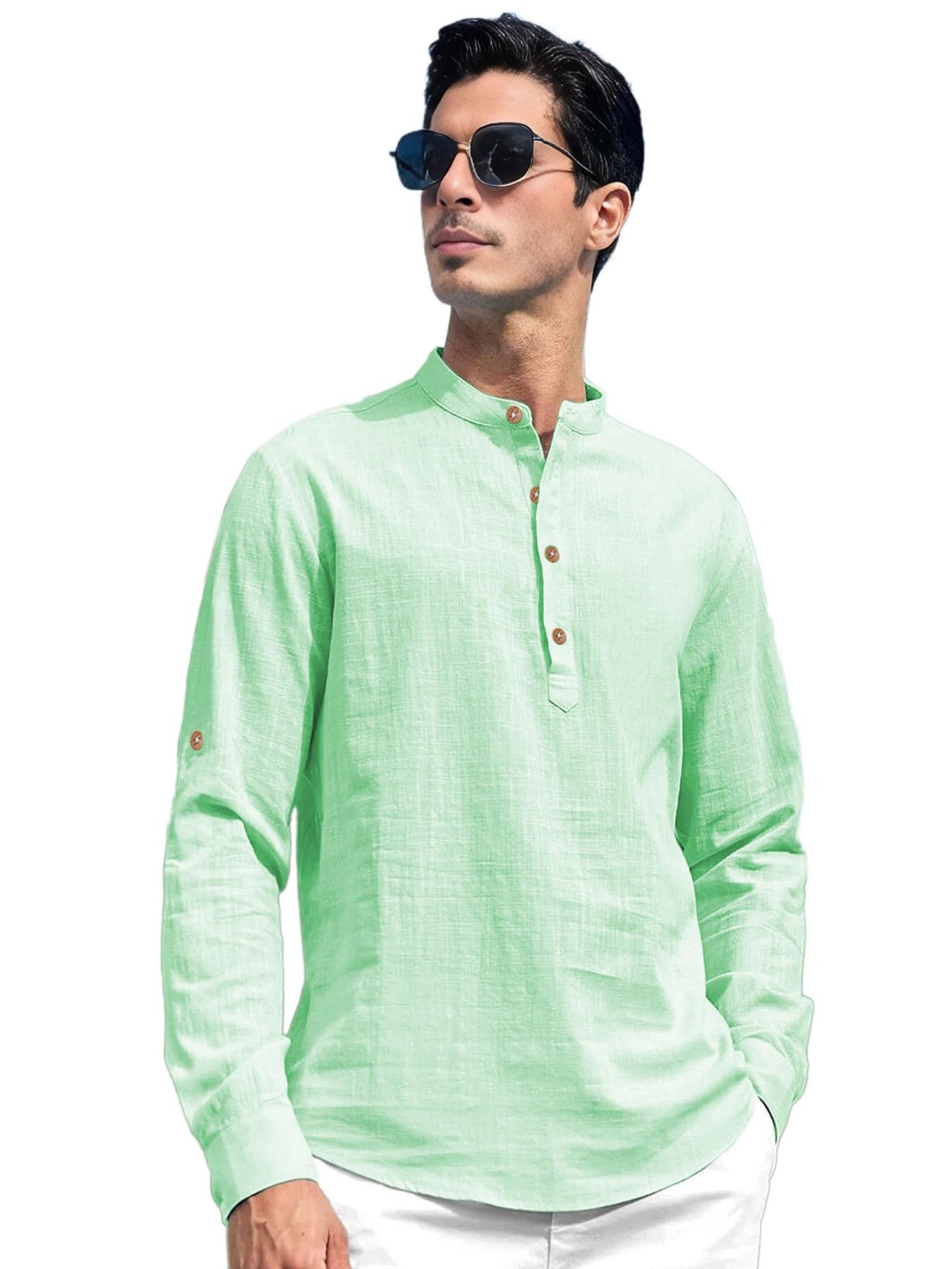 

EdinWolf Band Collar Cotton Straight Kurta, Lime green