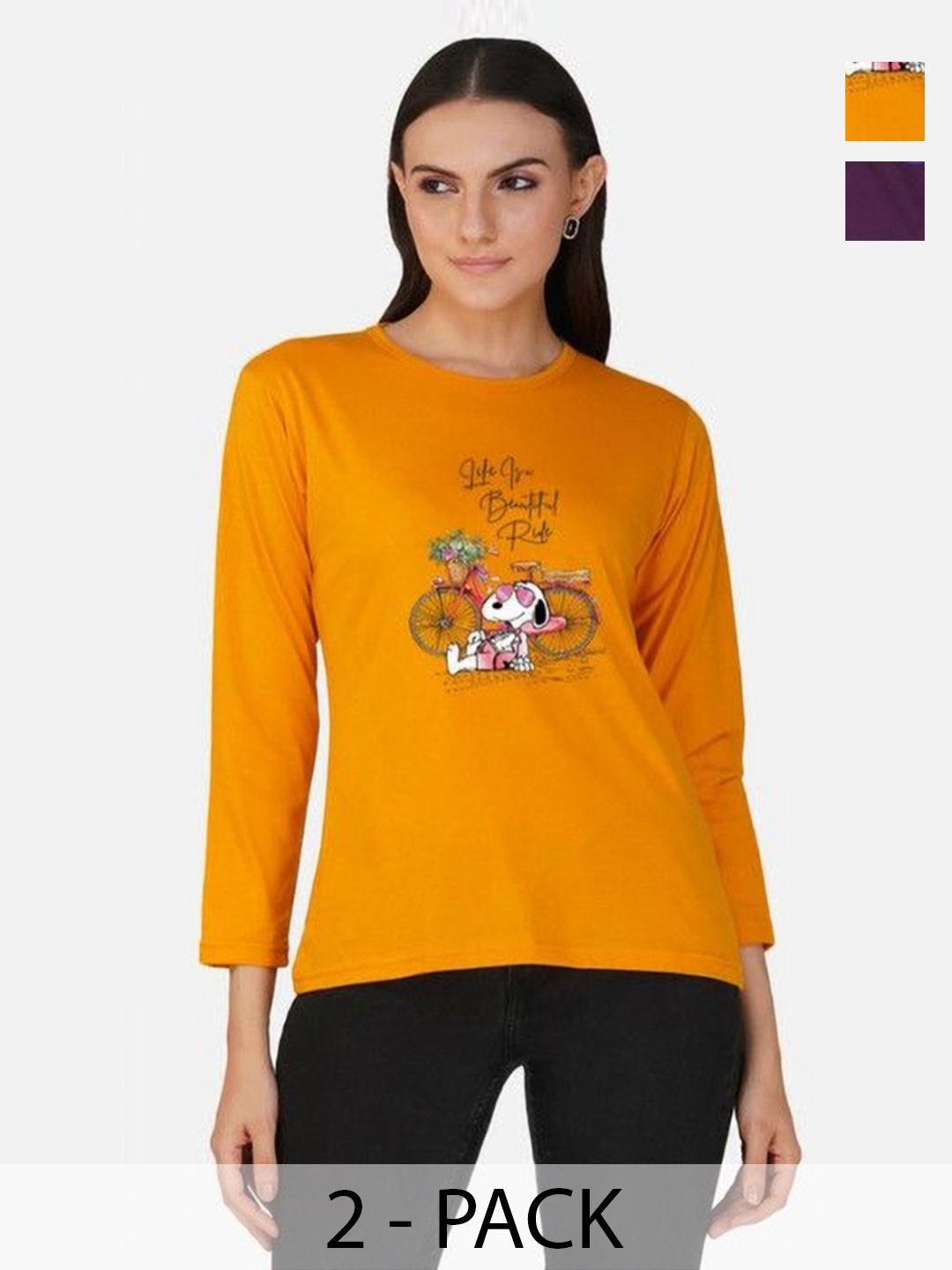 

Metronaut Women Pack of 2 Bio Finish Graphic Printed Round Neck Cotton T-shirts, Mustard