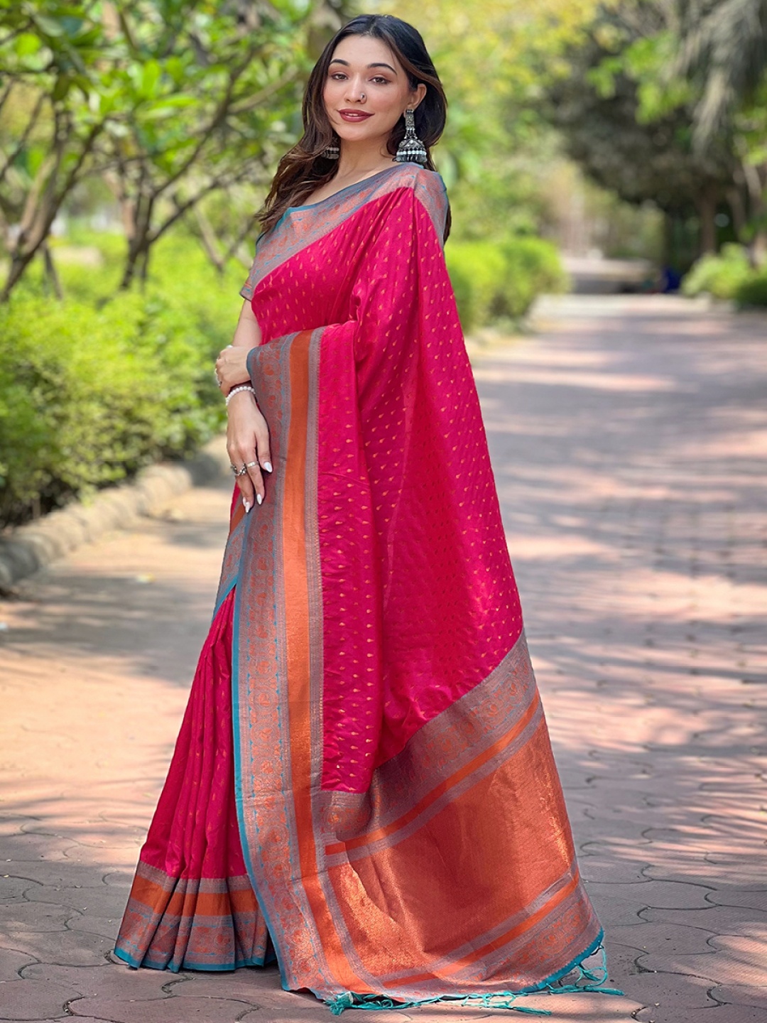 

all about you Woven Design Zari Silk Blend Paithani Saree, Pink