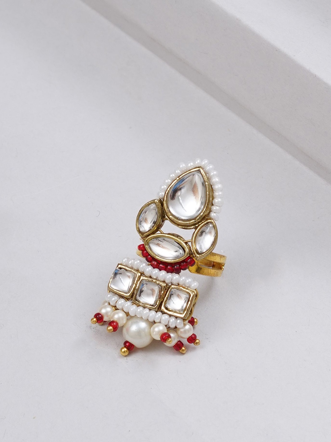 

BeAbhika Gold-Plated Kundan Studded & Beaded Adjustable Finger Ring