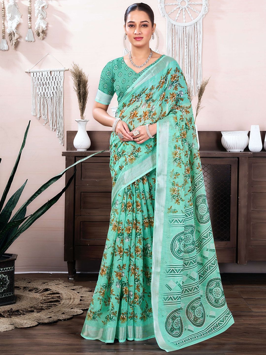 

KALINI Floral Zari Saree, Turquoise blue