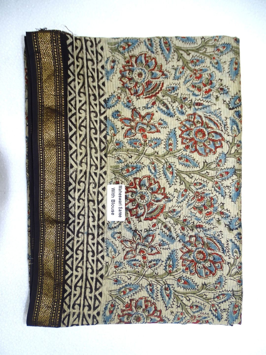 

SR HANDLOOMS AND TEXTILES Kalamkari Zari Pure Cotton Maheshwari Saree, White
