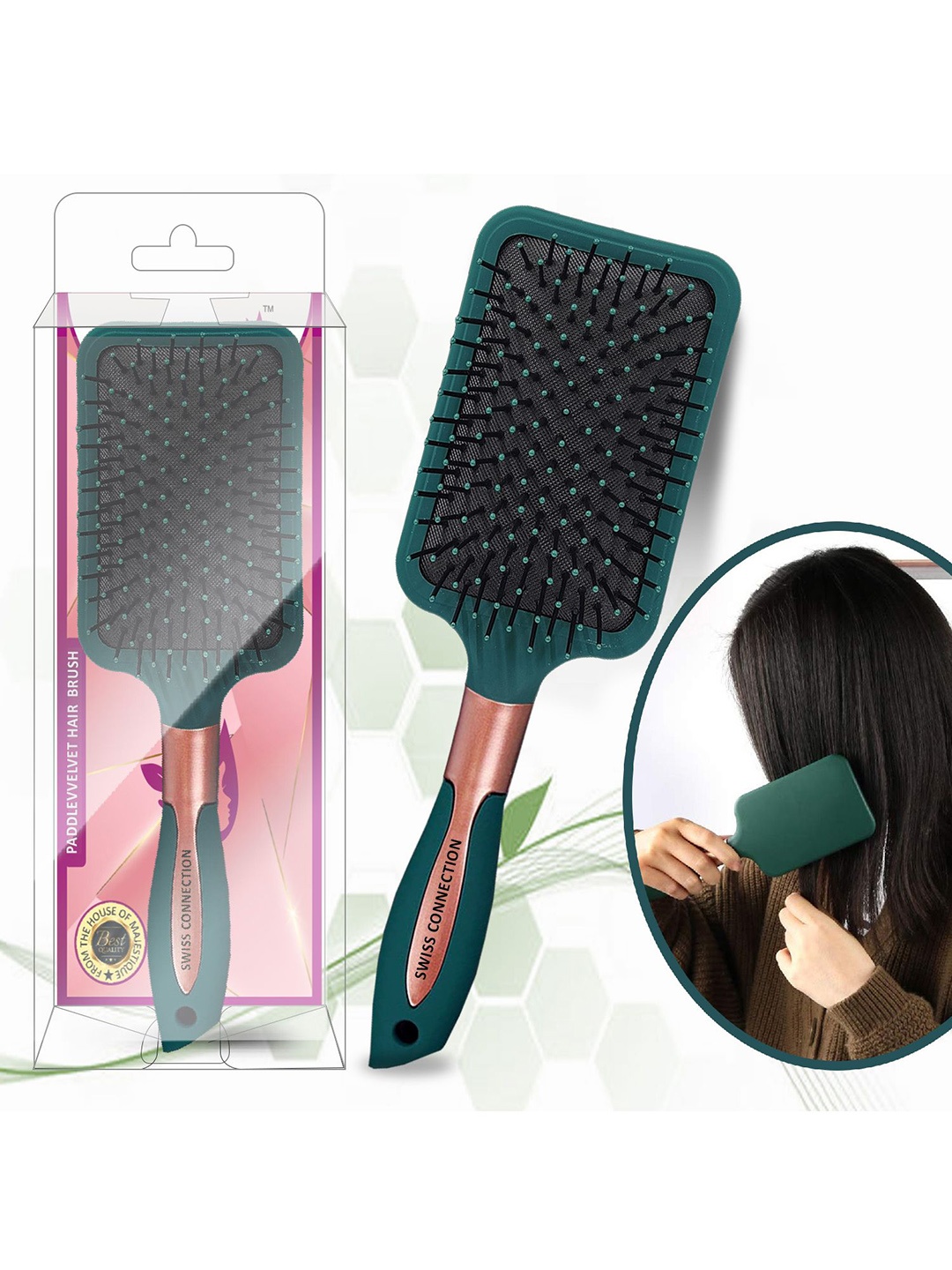 

Swiss Connection Paddle Velvet Hair Brush With Round Bead, Green