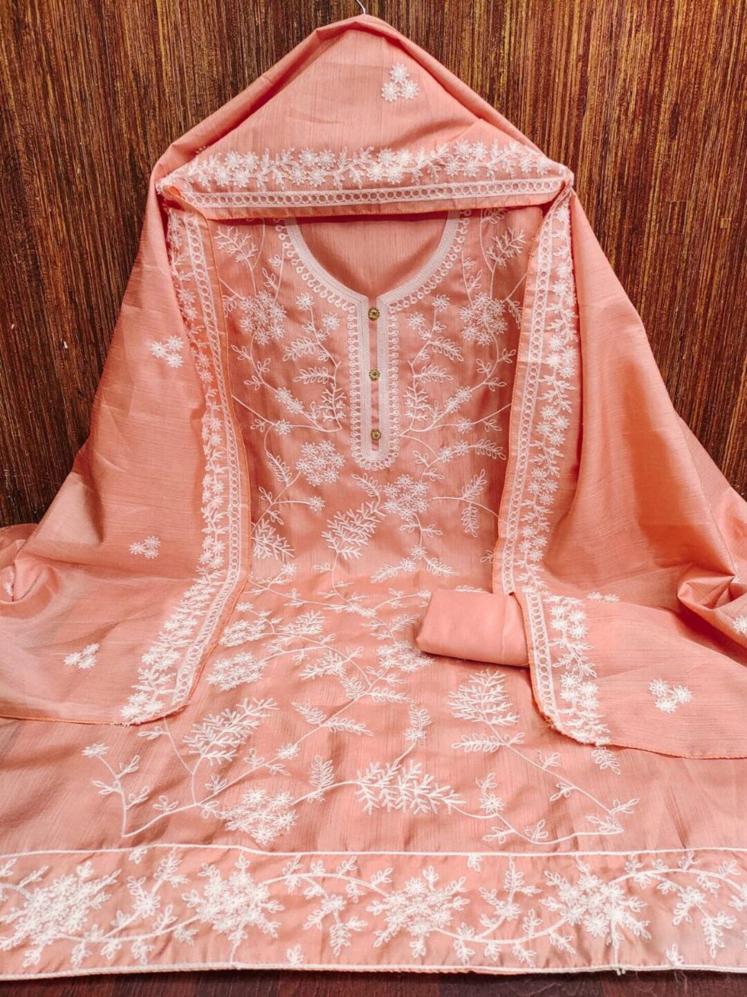 

REALLTREND Floral Embroidered Unstitched Dress Material, Peach