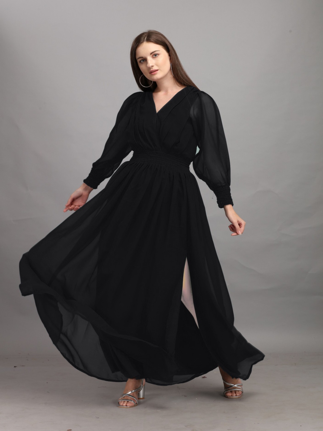 

Jash Creation Applique Georgette Fit & Flare Maxi Dress, Black
