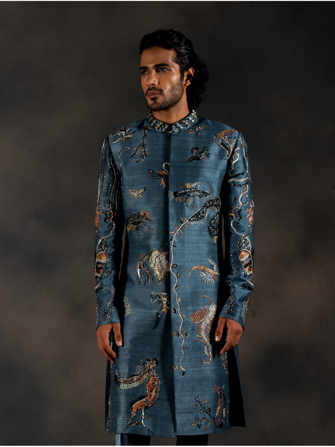 

HILO DESIGN Embroidered Oceanic Depths Sherwani Set, Blue