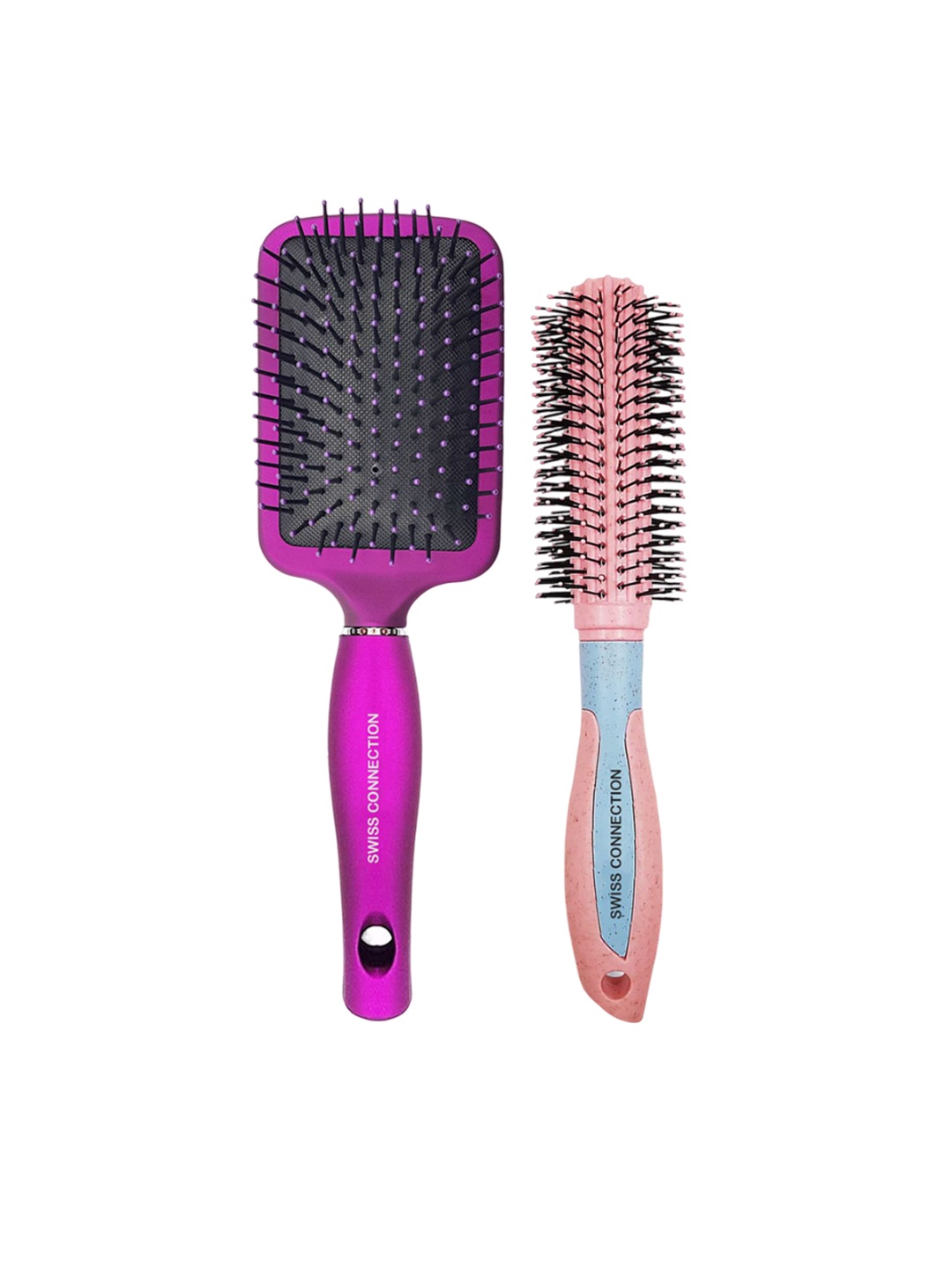 

Swiss Connection Set Of 2 Paddle Detangling & Roller Hair Brushes, Pink