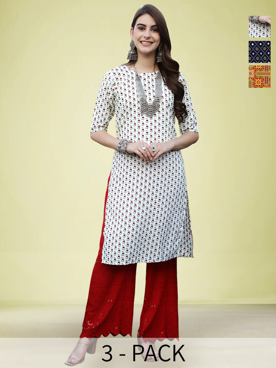 

Moda Rapido Selection Of 3 Floral Printed Round Neck Straight Kurta, White