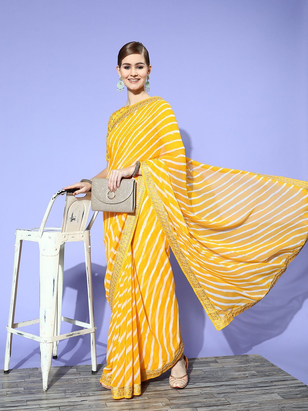 

DIVASTRI Leheriya Beads and Stones Pure Georgette Leheriya Saree, Yellow