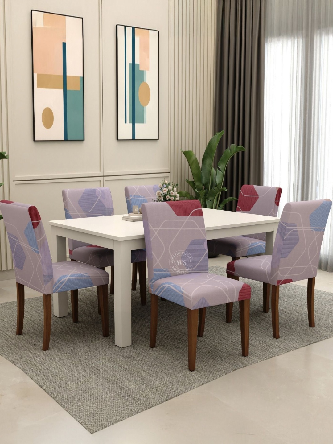 

WOODEN STREET 6-Pcs Grey & White Printed Chair Covers