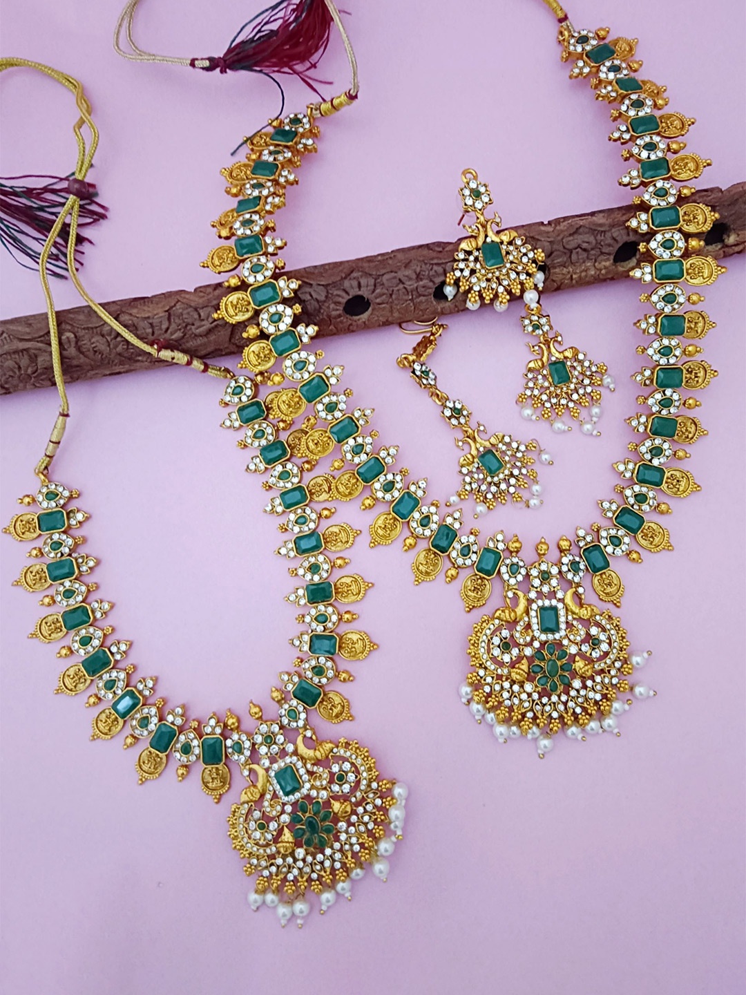 

EVY Set Of 2 Gold-Plated CZ Studded & Beaded Peacock Pendant Bridal Jewellery Sets