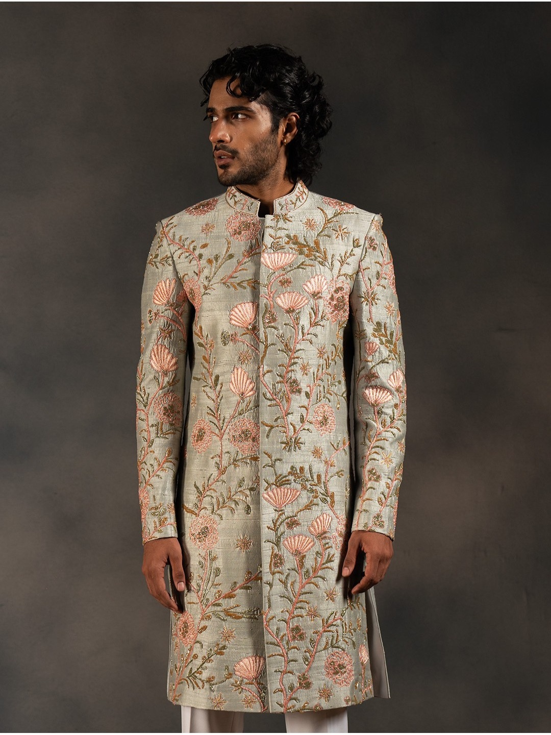 

HILO DESIGN Embroidered Pure Silk Minty Sherwani Set, Green