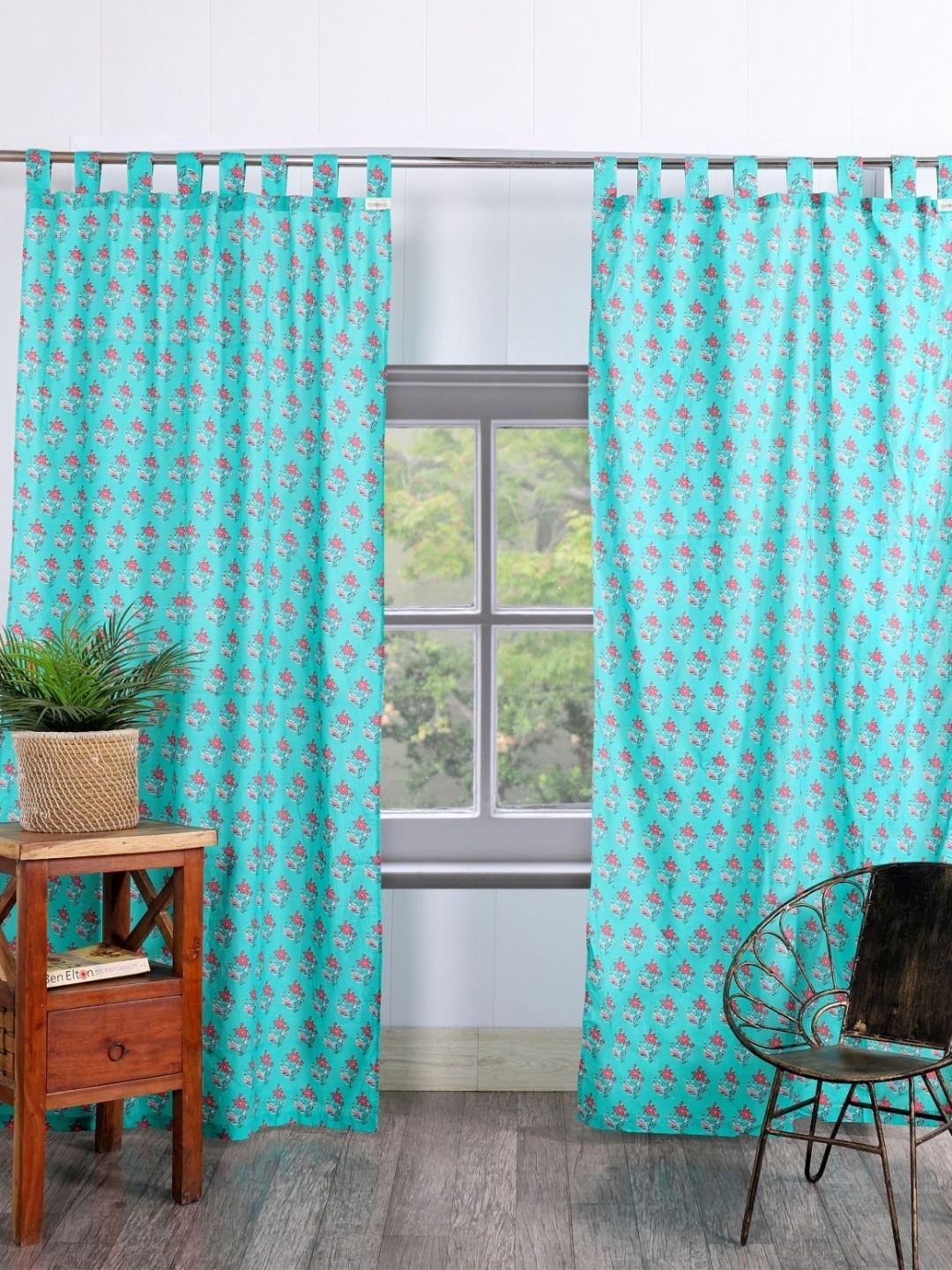 

HANDICRAFT PALACE Turquoise Blue & Pink Set of 2 Floral Sheer Door Curtain