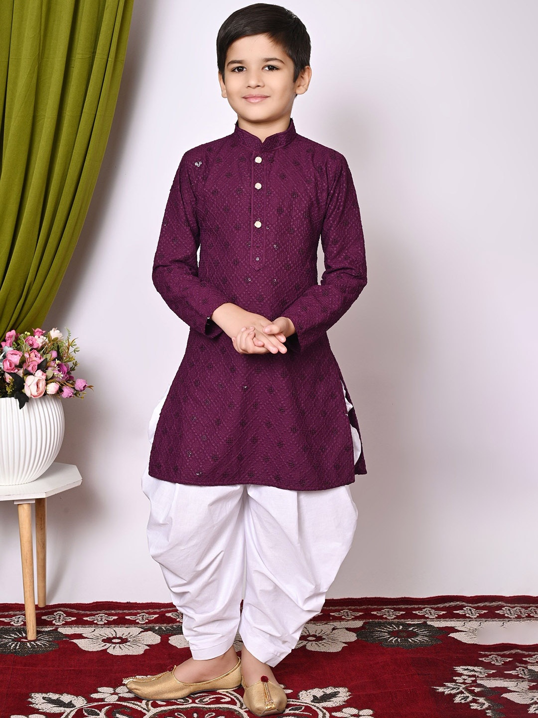 

NFC CREATION Boys Embroidered Regular Sequinned Kurta with Patiala, Purple