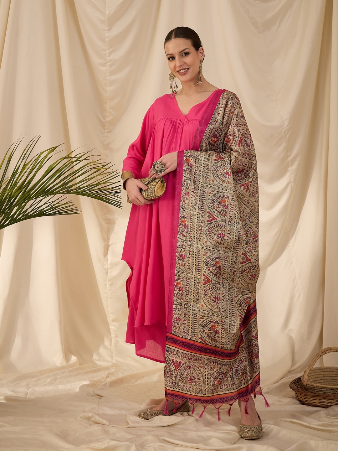 

InWeave Women Empire Kurta with Palazzos & With Dupatta, Fuchsia