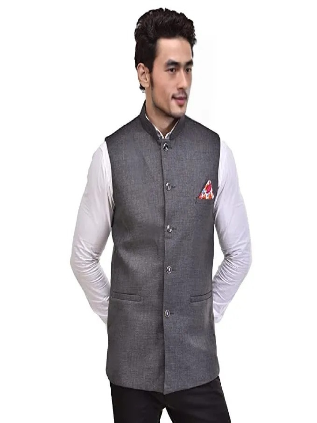 

Seetoo Mandarin Collar Woven Design Nehru Jacket, Grey